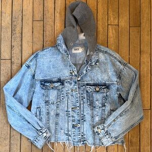 BKE Light Blue Denim Jacket with Gray Hood